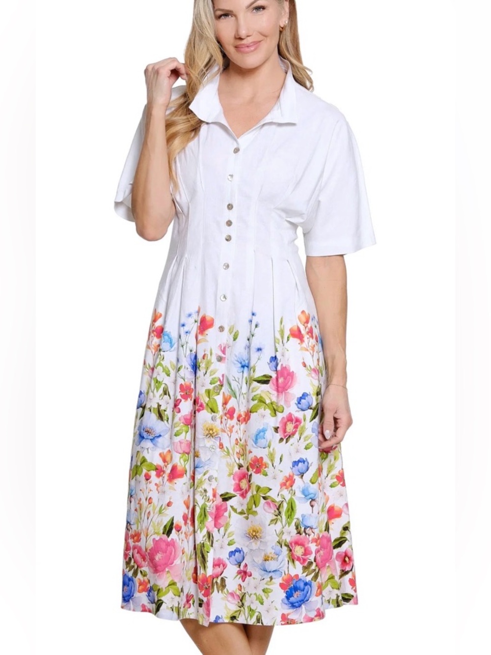 Floral bordered white dress 
John Mark